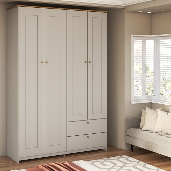 Guarda-Roupa Solteiro Americano 4 Portas 2 Gavetas Branco/Ipê - Panorama Móveis
