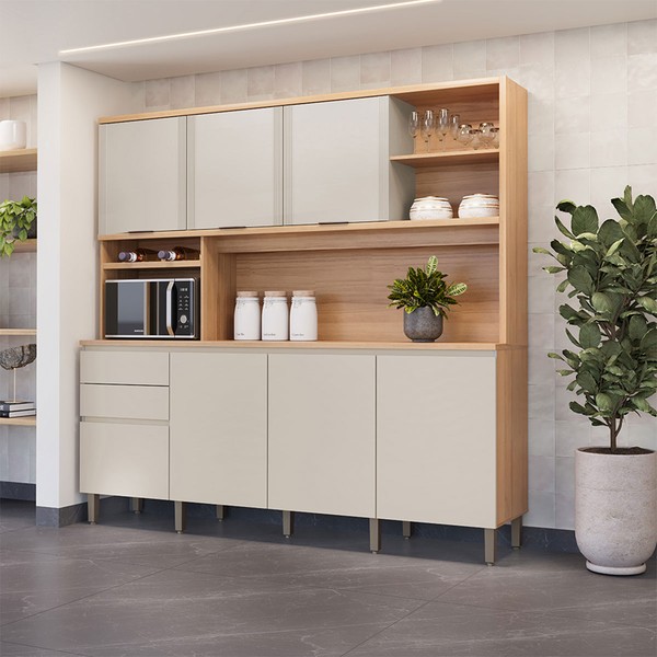 Cozinha Compacta Austin 7 Portas 2 Gavetas 100% Mdf Jequitiba/Gris Fosco - Linea Brasil