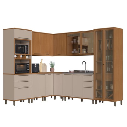 Cozinha Completa Munique 13 Portas 7 Gavetas com Vidro Freijó/Camurça - Indékes