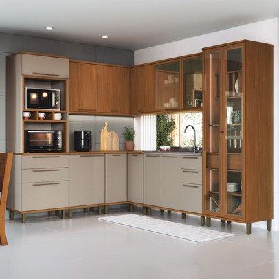 Cozinha Completa Munique 13 Portas 7 Gavetas com Vidro Freijó/Camurça - Indékes