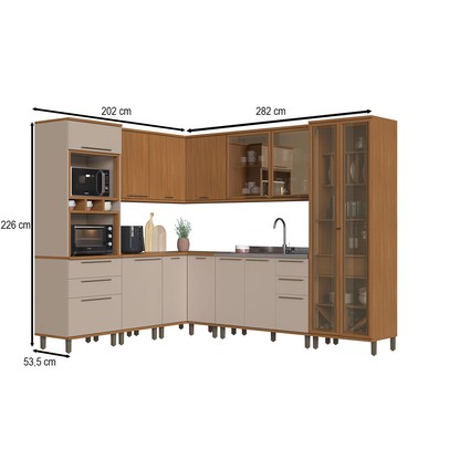 Cozinha Completa Munique 13 Portas 7 Gavetas com Vidro Freijó/Camurça - Indékes