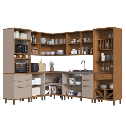 Cozinha Completa Munique 13 Portas 7 Gavetas com Vidro Freijó/Camurça - Indékes