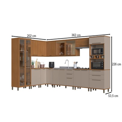 Cozinha Completa Munique 16 Portas 7 Gavetas com Vidro Freijó/Camurça - Indékes