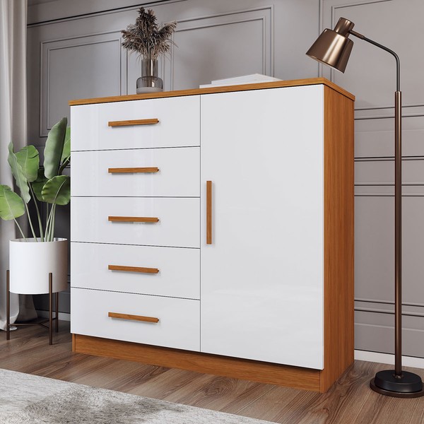 Cômoda Divini 1 Porta 5 Gavetas Cinamomo/Branco - Panorama Móveis