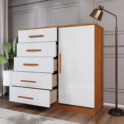 Cômoda Divini 1 Porta 5 Gavetas Cinamomo/Branco - Panorama Móveis