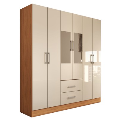 Guarda-Roupa Solteiro Bali 6 Portas 2 Gavetas com Espelho Cinamomo/Off White - Panorama Móveis