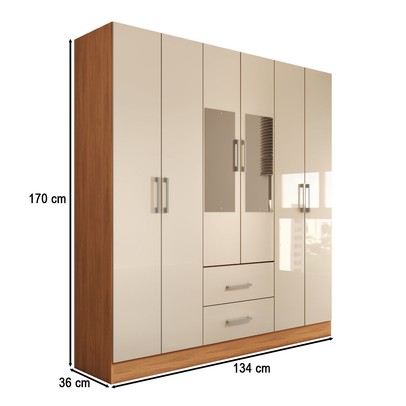 Guarda-Roupa Solteiro Bali 6 Portas 2 Gavetas com Espelho Cinamomo/Off White - Panorama Móveis