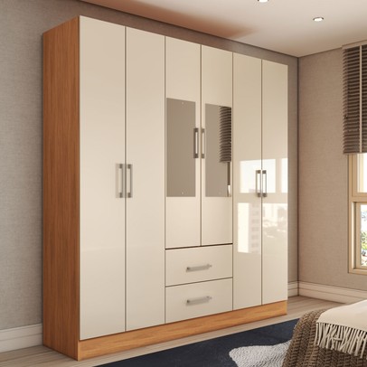 Guarda-Roupa Solteiro Bali 6 Portas 2 Gavetas com Espelho Cinamomo/Off White - Panorama Móveis