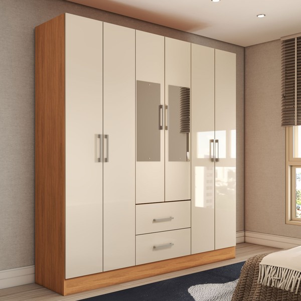 Guarda-Roupa Solteiro Bali 6 Portas 2 Gavetas com Espelho Cinamomo/Off White - Panorama Móveis