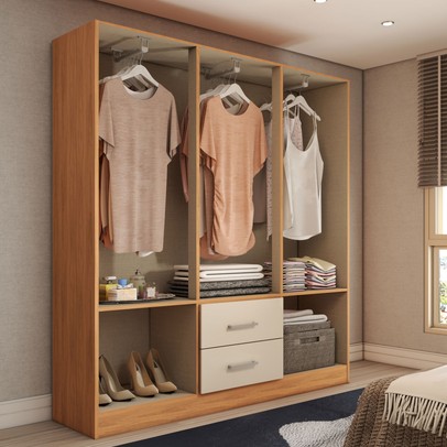 Guarda-Roupa Solteiro Bali 6 Portas 2 Gavetas com Espelho Cinamomo/Off White - Panorama Móveis