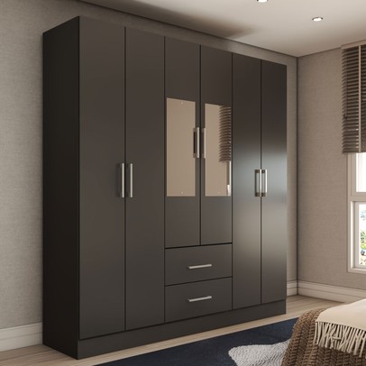 Guarda-Roupa Solteiro Bali 6 Portas 2 Gavetas com Espelho Preto - Panorama Móveis