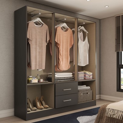 Guarda-Roupa Solteiro Bali 6 Portas 2 Gavetas com Espelho Preto - Panorama Móveis