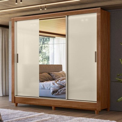 Guarda-Roupa Casal Office 3 Portas 2 Gavetas com Espelho Jequitiba/Off White - Pnr Móveis