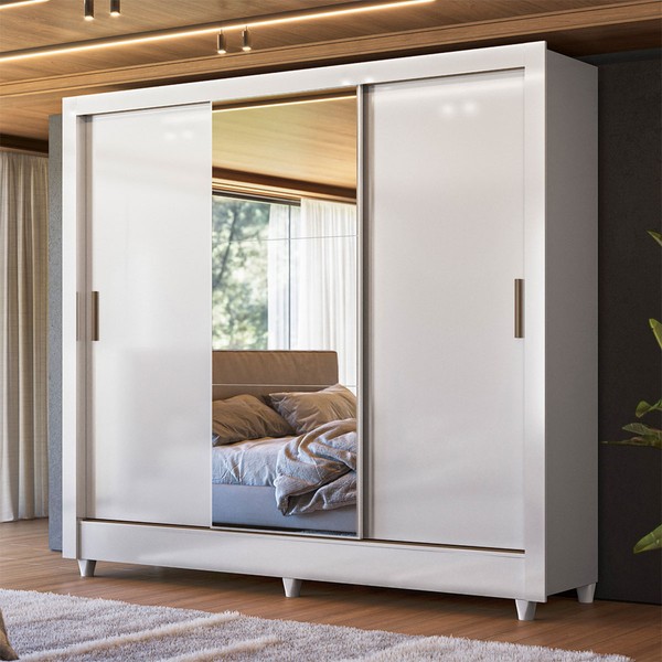 Guarda-Roupa Casal Office 3 Portas 2 Gavetas com Espelho Branco - Pnr Móveis