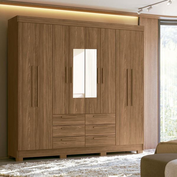 Guarda-Roupa Casal Santana 8 Portas 6 Gavetas com Espelho Jatoba - Pnr Móveis
