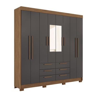 Guarda-Roupa Casal Santana 8 Portas 6 Gavetas com Espelho Jatoba/Grafite - Pnr Móveis