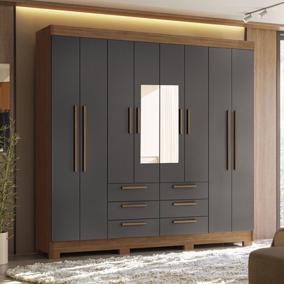Guarda-Roupa Casal Santana 8 Portas 6 Gavetas com Espelho Jatoba/Grafite - Pnr Móveis