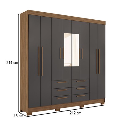 Guarda-Roupa Casal Santana 8 Portas 6 Gavetas com Espelho Jatoba/Grafite - Pnr Móveis