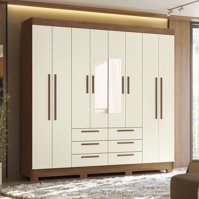 Guarda-Roupa Casal Santana 8 Portas 6 Gavetas com Espelho Jatoba/Areia - Pnr Móveis