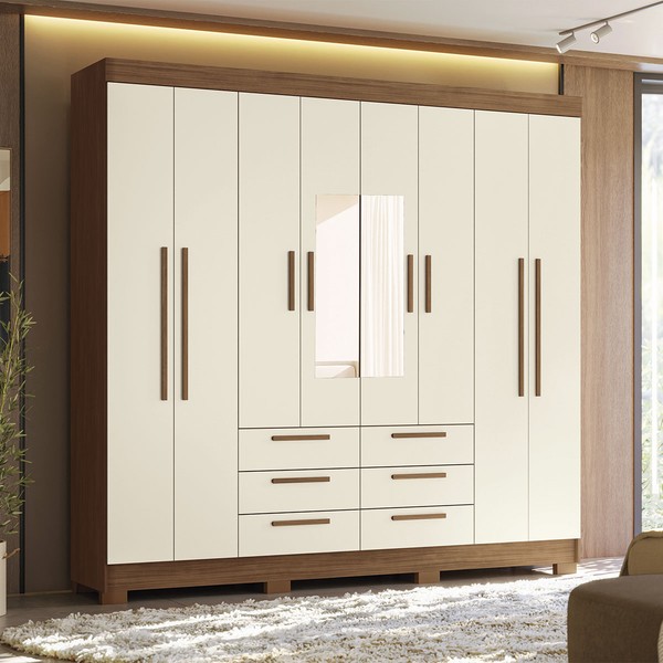 Guarda-Roupa Casal Santana 8 Portas 6 Gavetas com Espelho Jatoba/Areia - Pnr Móveis