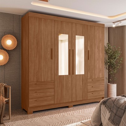 Guarda-Roupa Casal Tibagi 4 Portas 6 Gavetas com Espelho Jatoba - Pnr Móveis