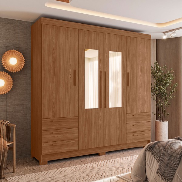 Guarda-Roupa Casal Tibagi 4 Portas 6 Gavetas com Espelho Jatoba - Pnr Móveis