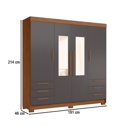 Guarda-Roupa Casal Tibagi 4 Portas 6 Gavetas com Espelho Jatoba/Grafite - Pnr Móveis