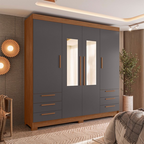 Guarda-Roupa Casal Tibagi 4 Portas 6 Gavetas com Espelho Jatoba/Grafite - Pnr Móveis