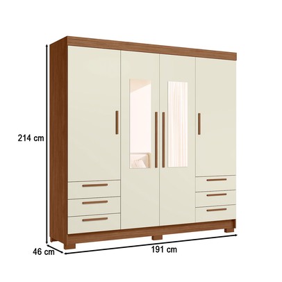 Guarda-Roupa Casal Tibagi 4 Portas 6 Gavetas com Espelho Jatoba/Areia - Pnr Móveis