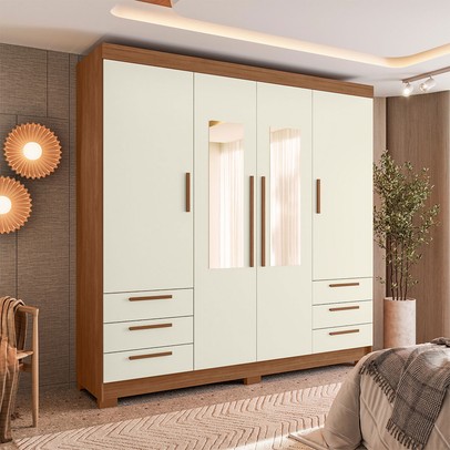 Guarda-Roupa Casal Tibagi 4 Portas 6 Gavetas com Espelho Jatoba/Areia - Pnr Móveis
