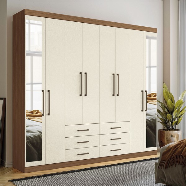 Guarda-Roupa Casal Belize 8 Portas 6 Gavetas com Espelho Jatoba/Areia - Pnr Móveis