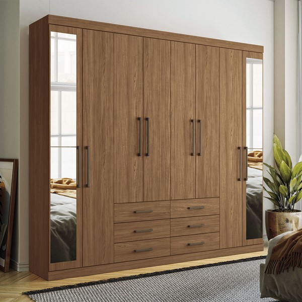 Guarda-Roupa Casal Belize 8 Portas 6 Gavetas com Espelho Jatoba - Pnr Móveis