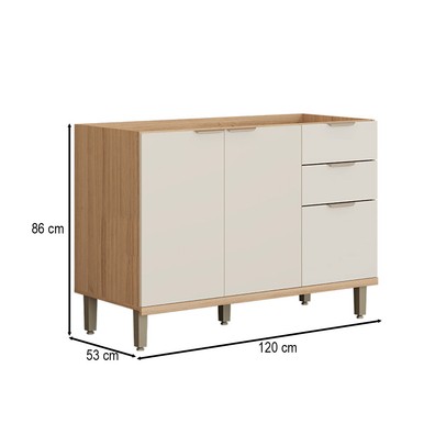 Balcão de Cozinha para Pia 120 Cm Bless 2 Portas 3 Gavetas 100% Mdf Jequitiba/Off White - Linea Brasil