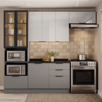 Cozinha Completa Lumina 7 Portas 4 Gavetas com Vidro Cinza - Telasul