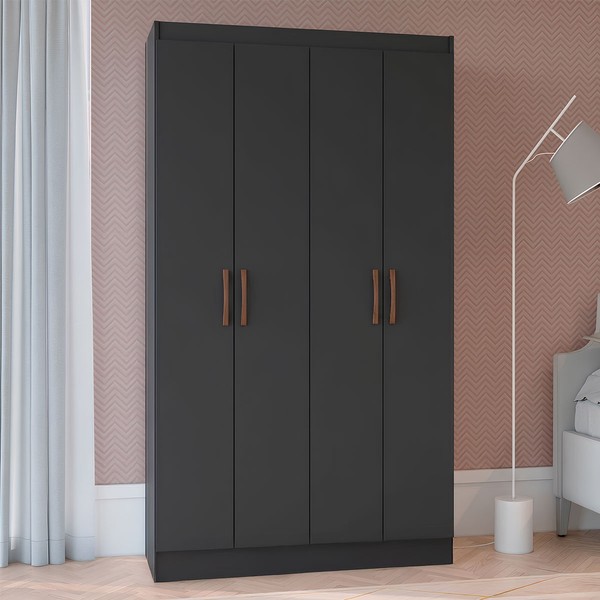 Guarda-Roupa Solteiro 4 Portas Lyon 8 Prateleiras Preto - Pnr Móveis
