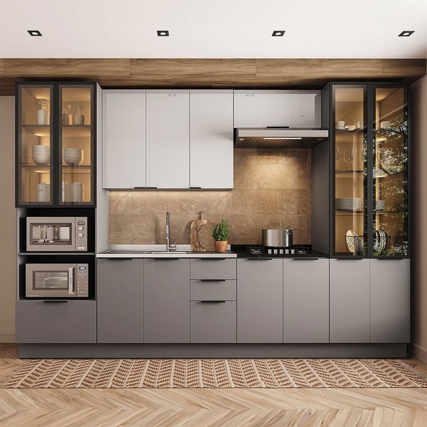 Cozinha Completa Lumina 14 Portas 4 Gavetas com Vidro Cinza - Telasul