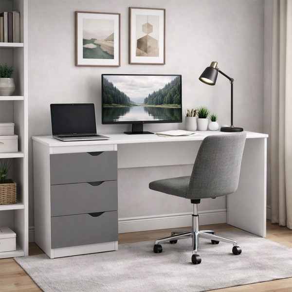 Mesa Escrivaninha Porto 3 Gavetas 40250685 Cinza/Branco - Politorno