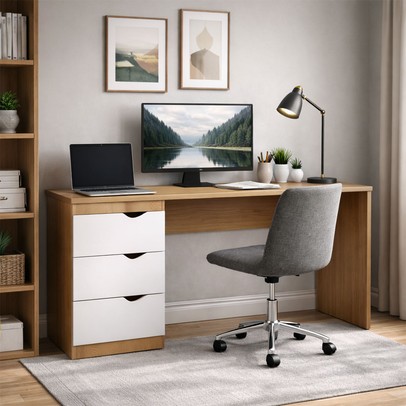 Mesa Escrivaninha Porto 3 Gavetas 40250685 Branco/Freijó - Politorno