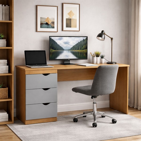 Mesa Escrivaninha Porto 3 Gavetas 40250685 Cinza/Freijó - Politorno