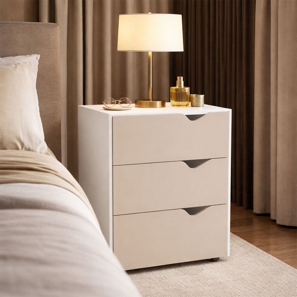 Mesa de Cabeceira Porto 3 Gavetas Creme/Branco - Politorno