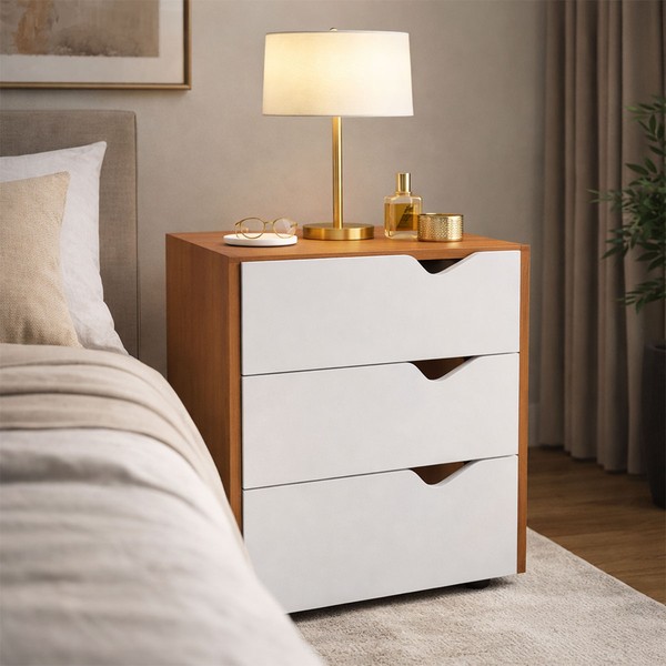 Mesa de Cabeceira Porto 3 Gavetas Branco/Freijó - Politorno