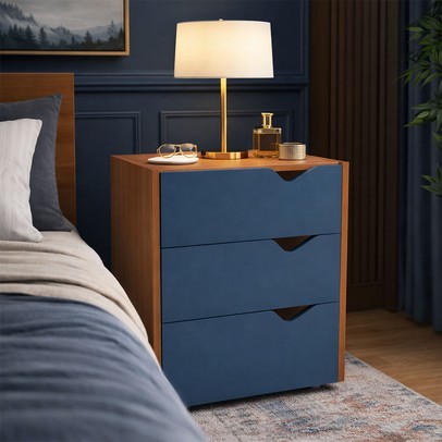 Mesa de Cabeceira Porto 3 Gavetas Azul/Freijó - Politorno