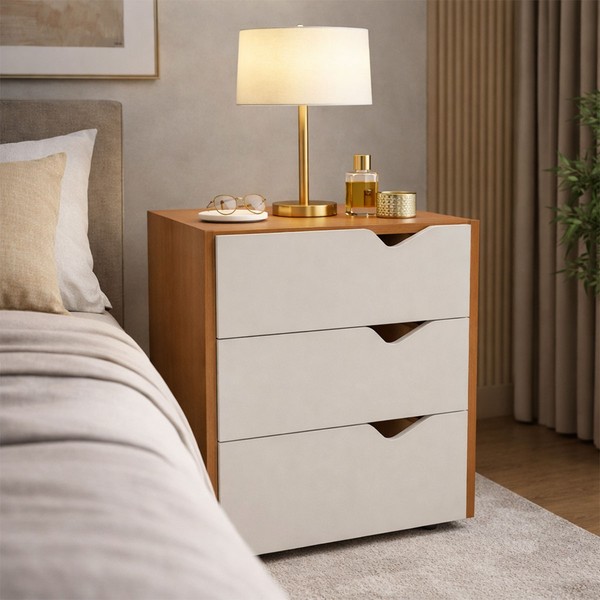 Mesa de Cabeceira Porto 3 Gavetas Creme/Freijó - Politorno