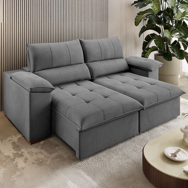 Sofá 3 Lugares Holden Retrátil e Reclinável Veludo Grafite - Vian