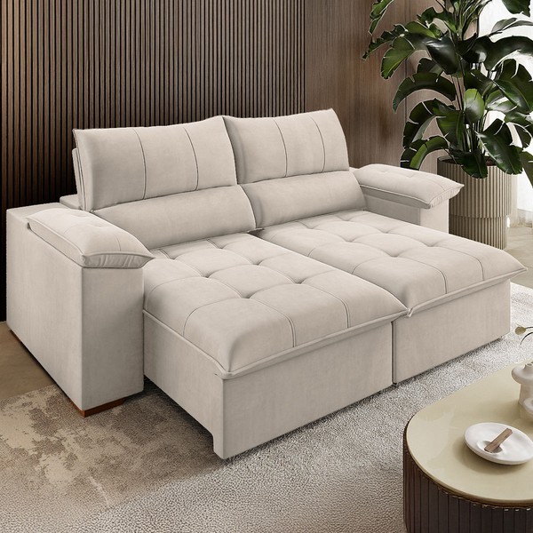 Sofá 3 Lugares Holden Retrátil e Reclinável Veludo Marfim - Vian