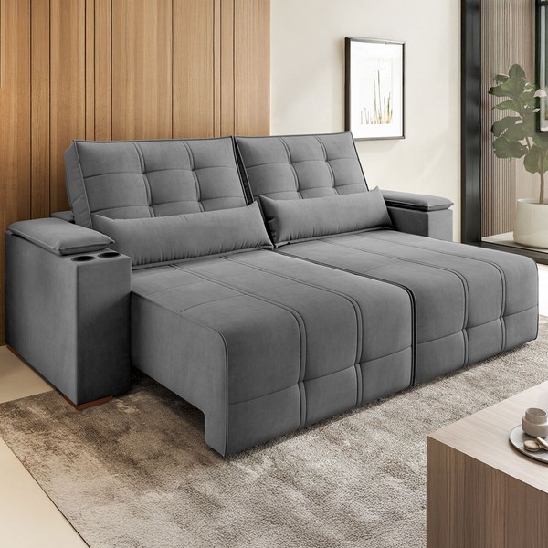 Sofá 4 Lugares Salles Retrátil e Reclinável Veludo com Porta Copos 37539 Grafite - Vian