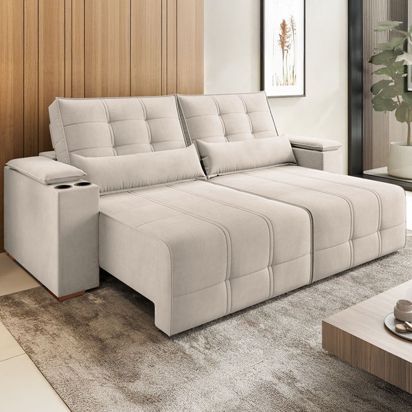 Sofá 4 Lugares Salles Retrátil e Reclinável Veludo com Porta Copos 37539 Marfim - Vian
