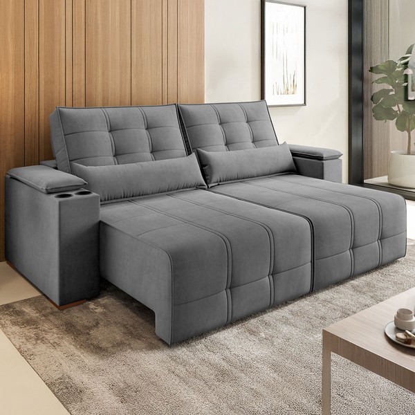 Sofá 4 Lugares Salles Retrátil e Reclinável Veludo com Porta Copos Grafite - Vian