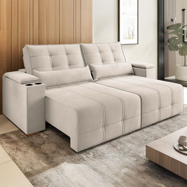 Sofá 4 Lugares Salles Retrátil e Reclinável Veludo com Porta Copos Marfim - Vian