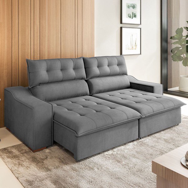 Sofá 4 Lugares Calvin Retrátil e Reclinável Veludo com Pillow 37555 Grafite - Vian